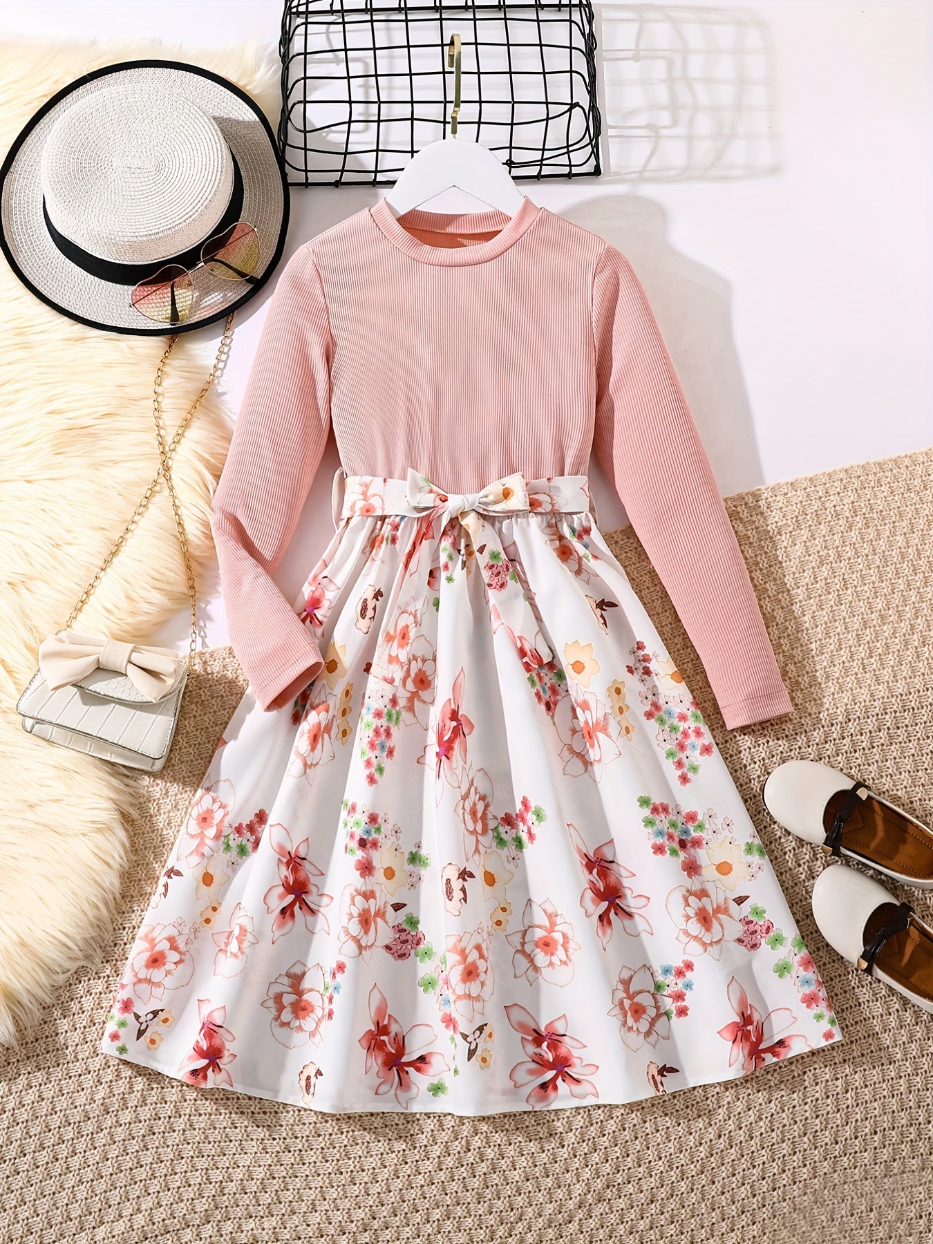 Girls' Floral Spliced Dress, Long Sleeves, Round Neck, Belted, Party Dress - Hiccupzz