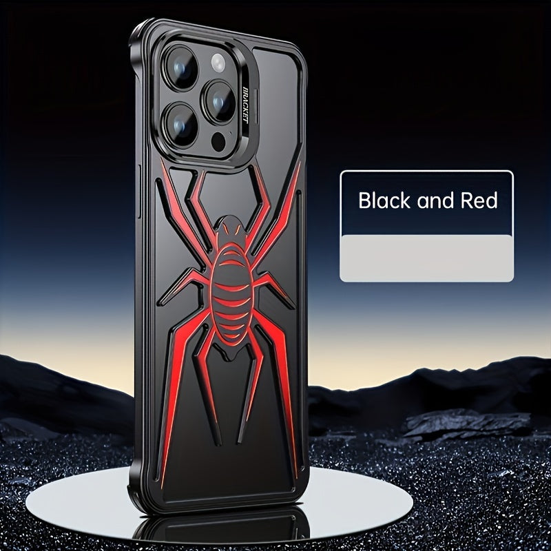 Case for iPhone 13 14 15 Pro Max/Pro/Plus, Aluminum Metal Spider Pattern Design Frameless Heat Dissection Minimalist Slim Lightweight Case with Built in Camera Stand, Black/Red/Silver - Hiccupzz