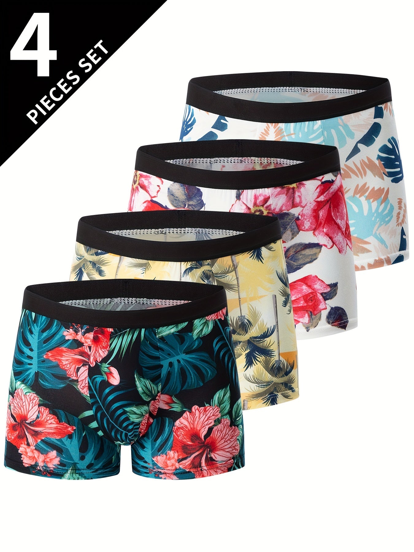 4-Pack Men's Flower Pattern Boxer Briefs - Breathable Antibacterial Sports Shorts for Casual Comfort - Hiccupzz