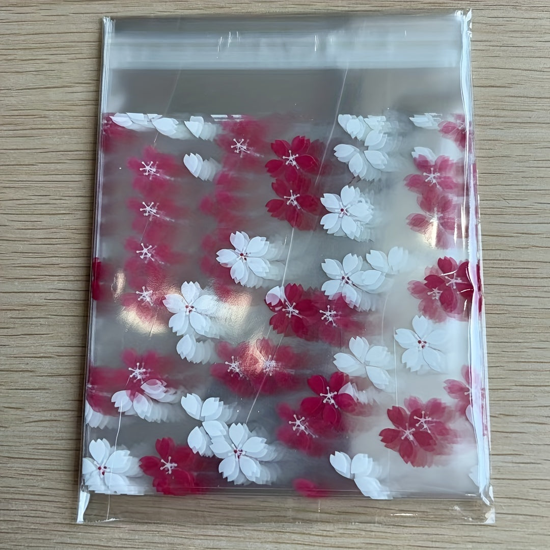 25PCS Floral Printed Polypropylene Gift Bags with Sakura Blossom Design – Clear, Durable OPP Plastic Pouches for Packaging Jewelry, Cookies, and Favors, Ideal for Party and Wedding Gifts - Hiccupzz