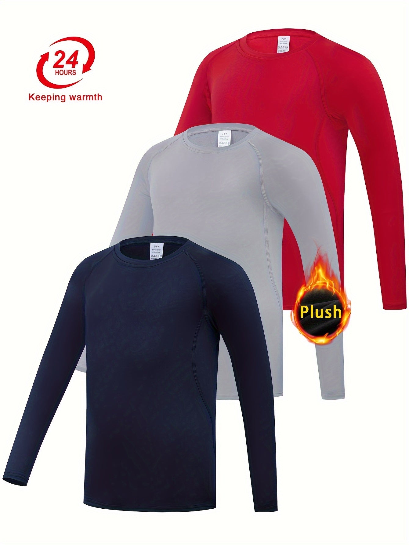 3-Pcs Youth Fleece-Lined Thermal Underwear Tops - Compression, Long Sleeve, Solid Color - Hiccupzz