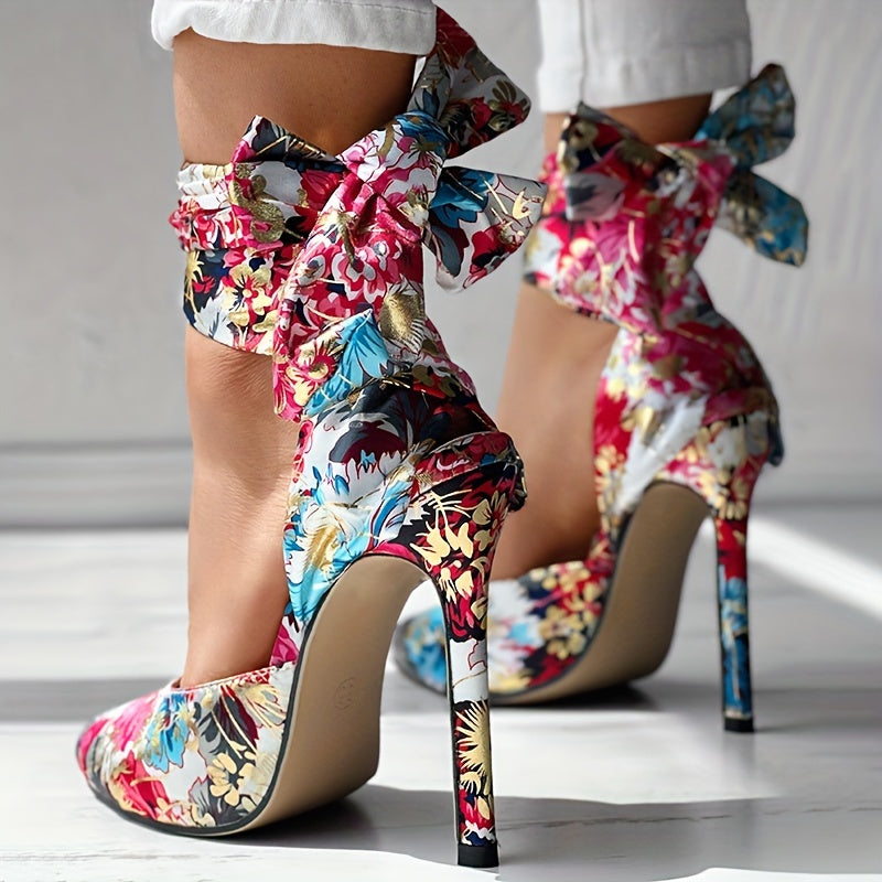 Floral Satin High Heels - Elegant Pointed Toe Lace Up Stilettos for Parties and Dressy Occasions - Hiccupzz