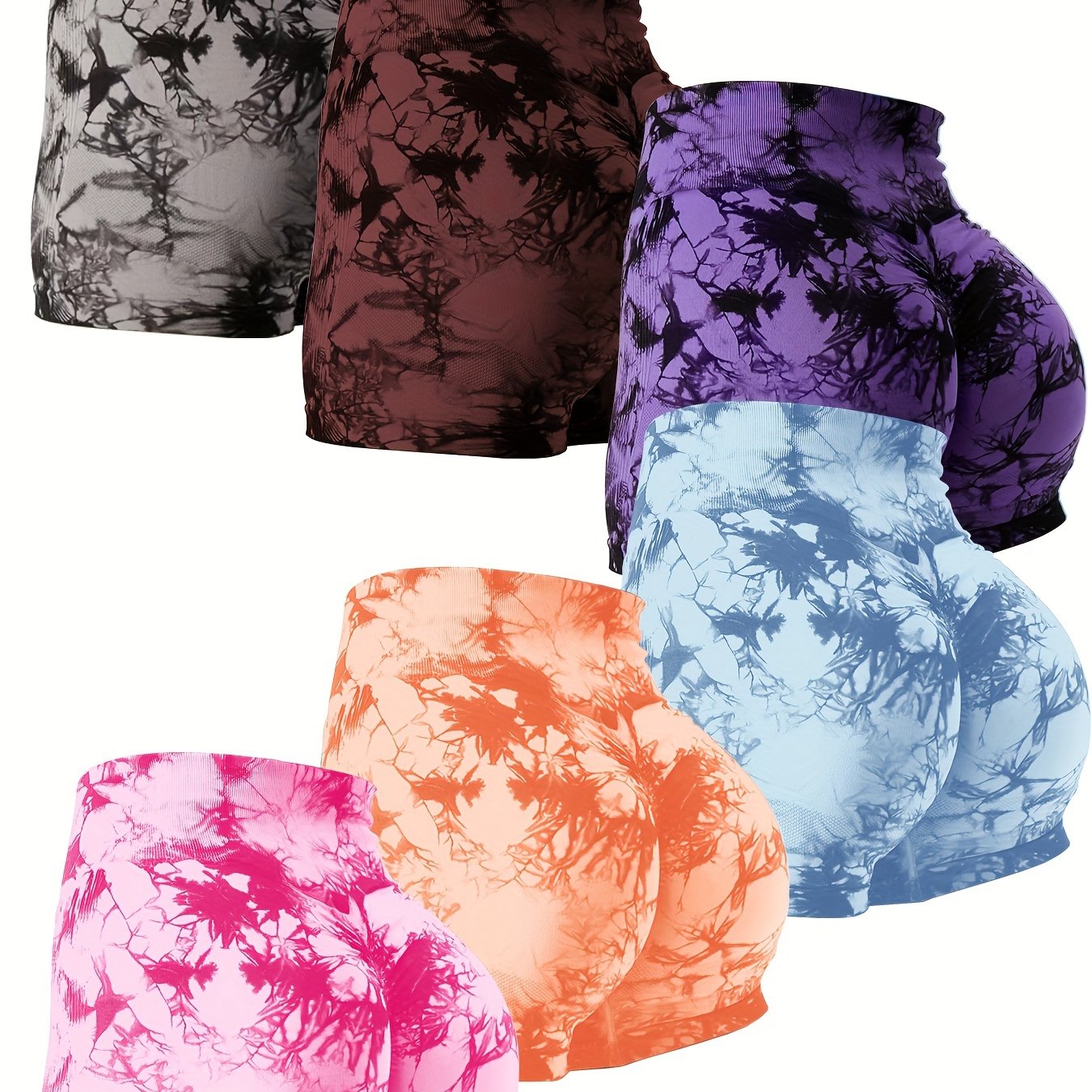 6 Piece Tie Dye Workout Shorts For Women, Scrunch Butt Lifting High Waisted Yoga Gym Seamless Booty Biker Shorts, Women's Activewear - Hiccupzz