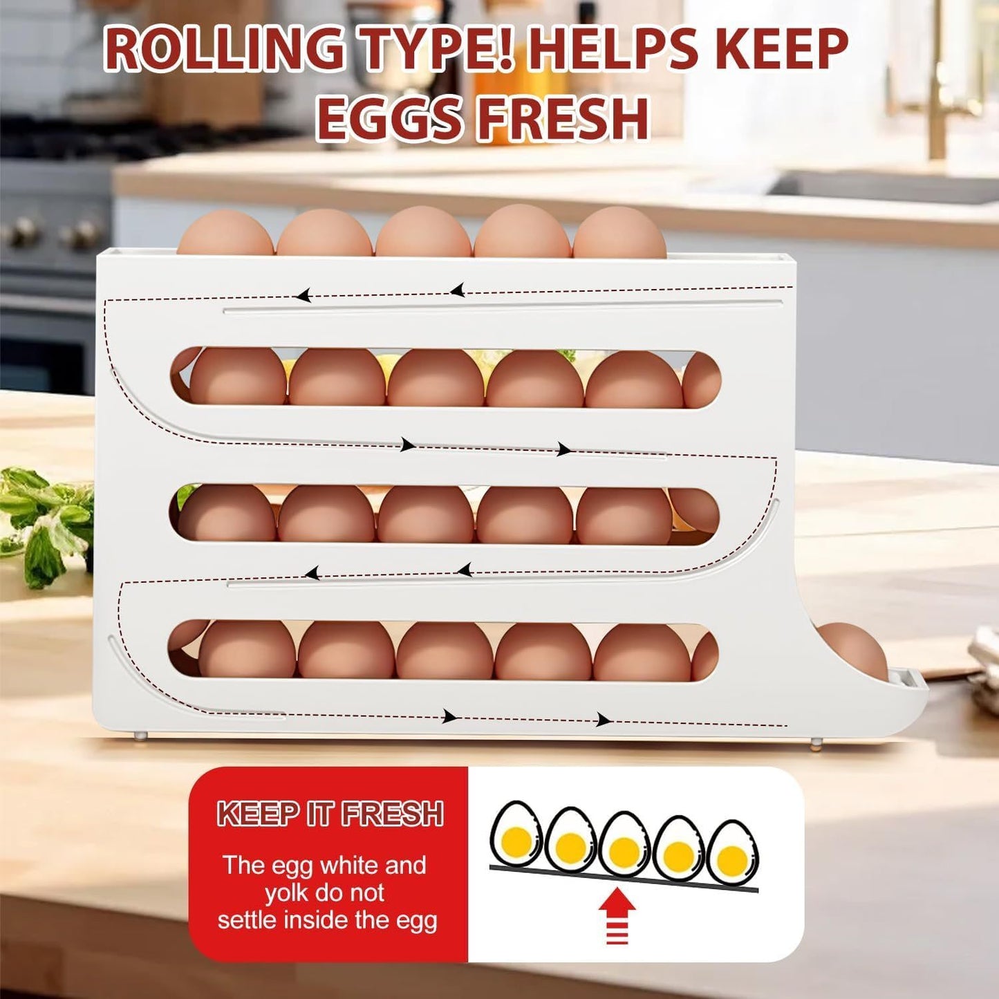 4-Tier Rolling Egg Dispenser for Refrigerator – Automatic 30-Egg Storage Rack for Kitchen