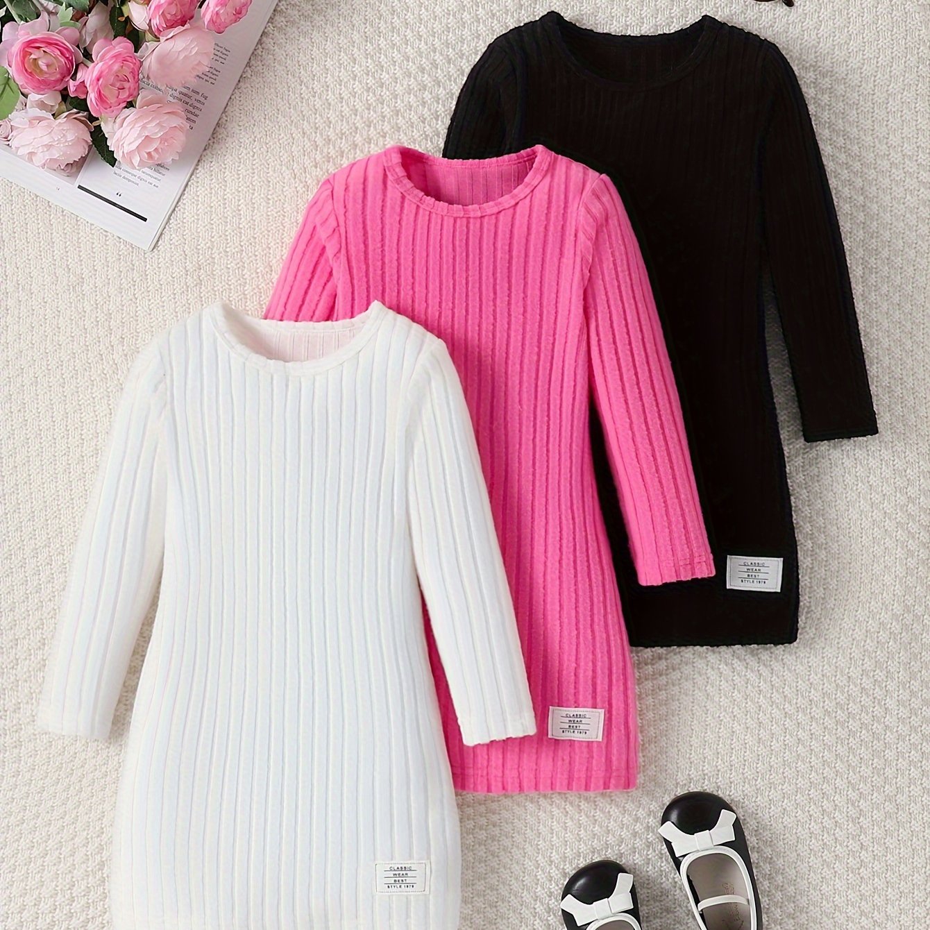 3 Pcs Girls Ribbed Knit Dress Set, Comfy & Elegant, Spring/Fall Dresses - Hiccupzz