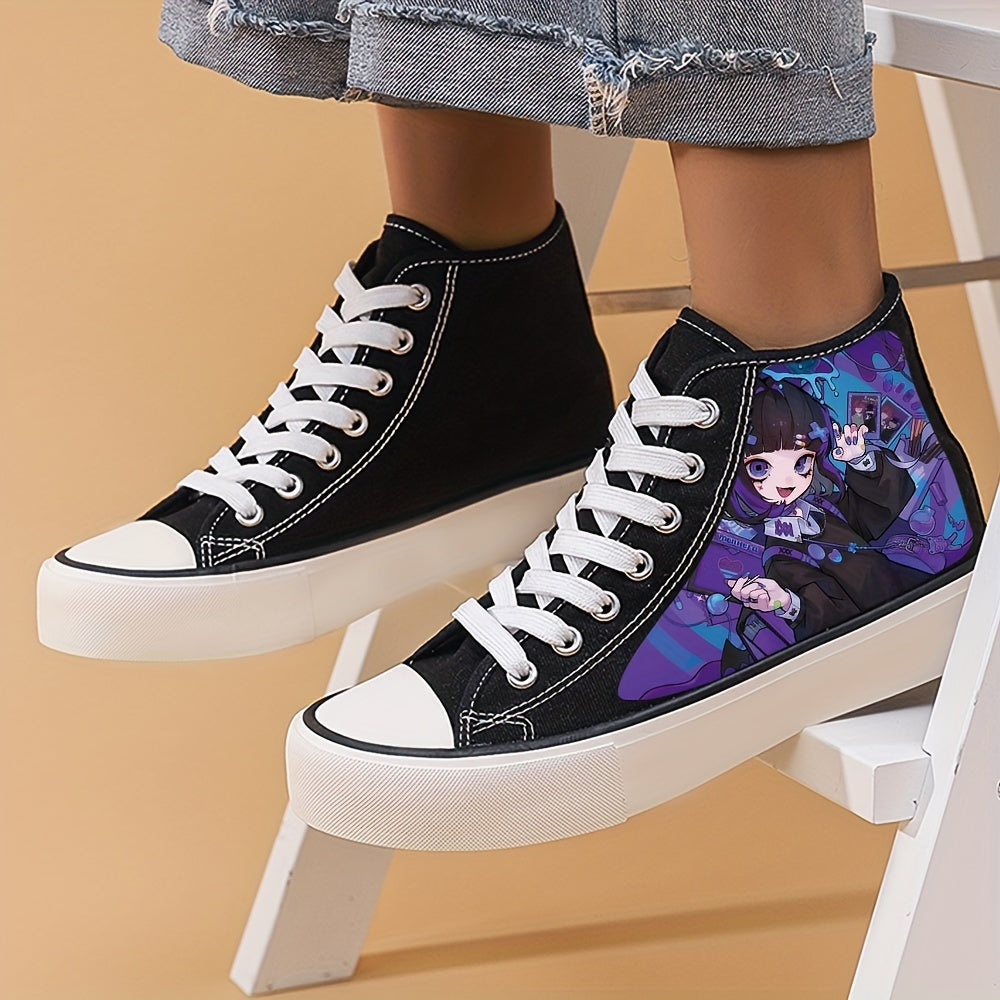 Women's Anime Beauty Print Shoes, Lace Up Comfy Platform Daily Skate Shoes, Lightweight High-top Canvas Shoes - Hiccupzz