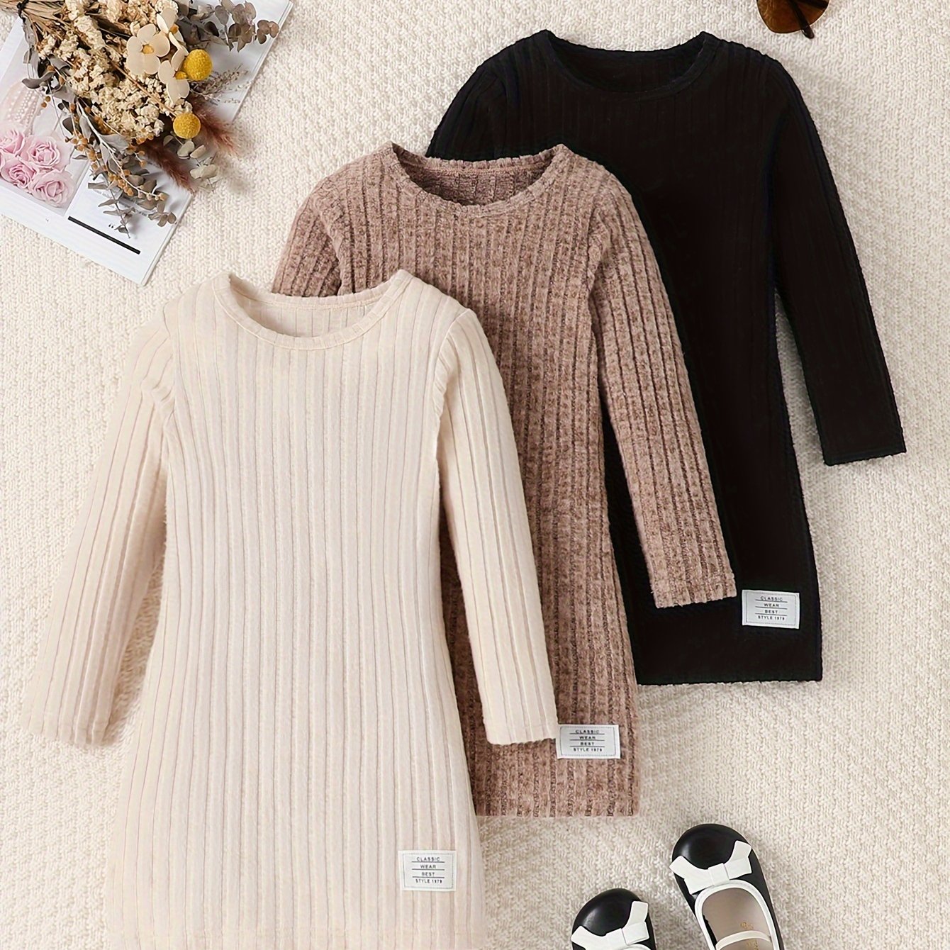 3 Pcs Girls Ribbed Knit Dress Set, Comfy & Elegant, Spring/Fall Dresses - Hiccupzz