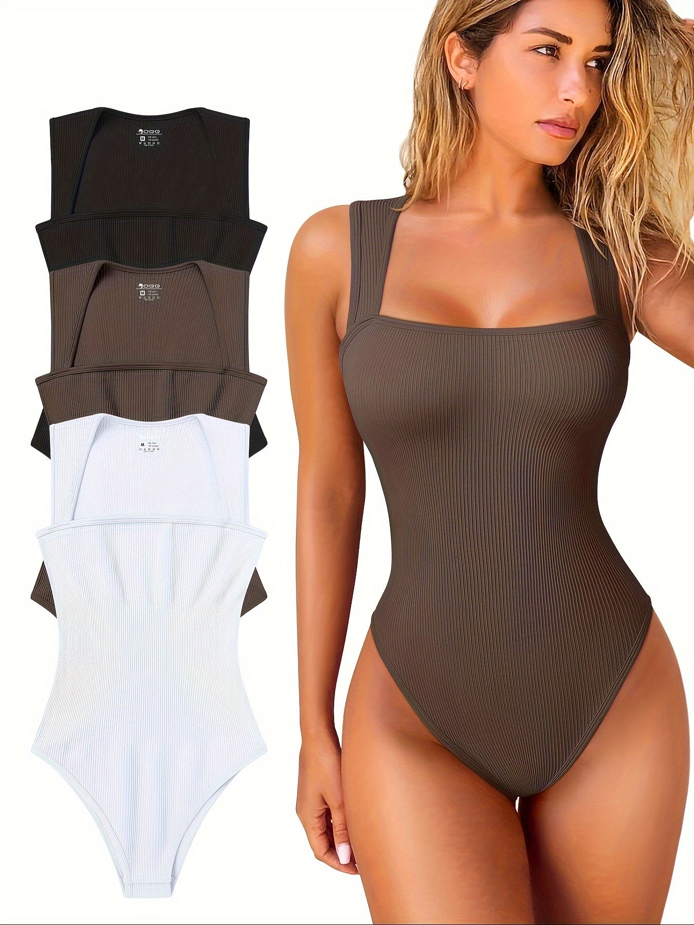 OQQ 3 Piece Bodysuits For Women Sexy Ribbed Strappy Square Neck Stretch Tank Tops Bodysuits - Hiccupzz