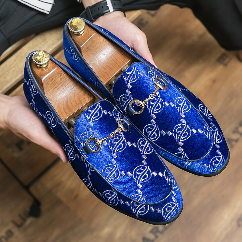 European And American Fashion Embroidered Loafers Men's British Style Plus Size Solid Color Horsebit Buckle Shoes - Hiccupzz