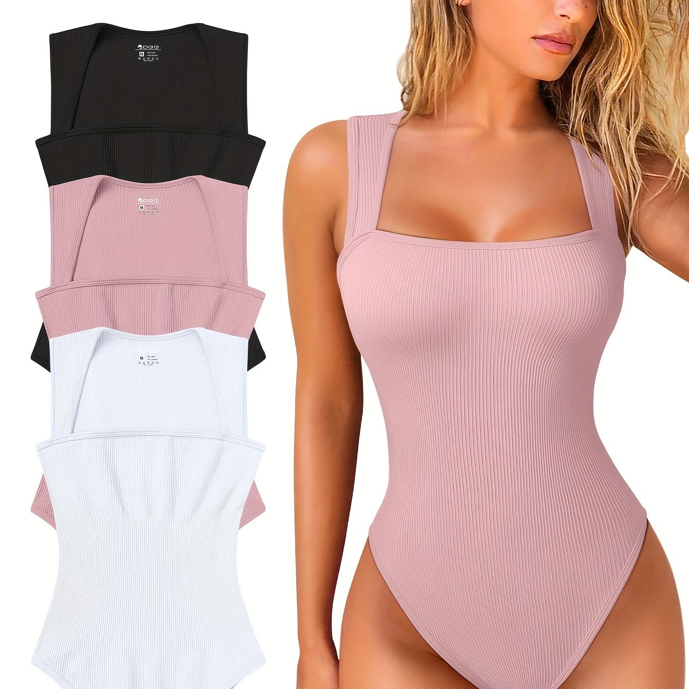 OQQ 3 Piece Bodysuits For Women Sexy Ribbed Strappy Square Neck Stretch Tank Tops Bodysuits - Hiccupzz