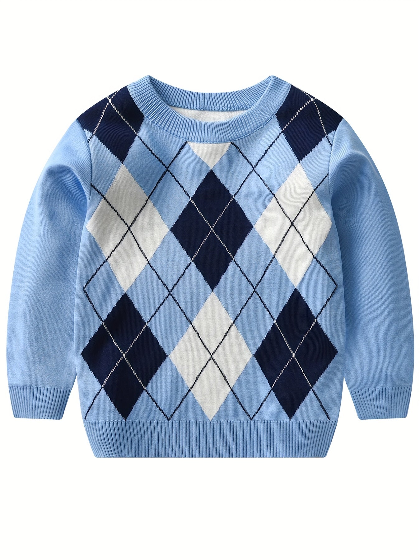 Boys Argyle Pattern Warm Knit Sweater - Round Neck, Long Sleeve - Hiccupzz