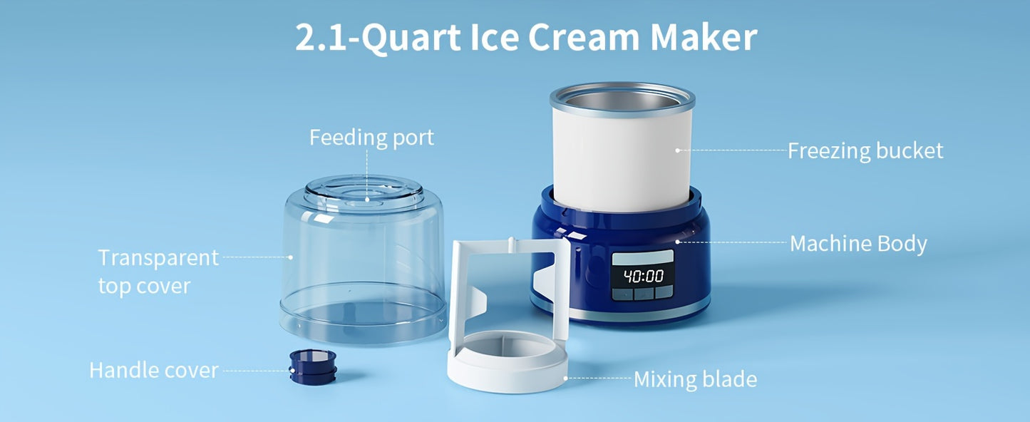 Ice Cream Maker, 2.1-Quart Frozen Yogurt Maker with LED Screen and Timer for Gelato, Milkshakes, Sorbet- Double-Insulated Freezer Bowl, Compact Size