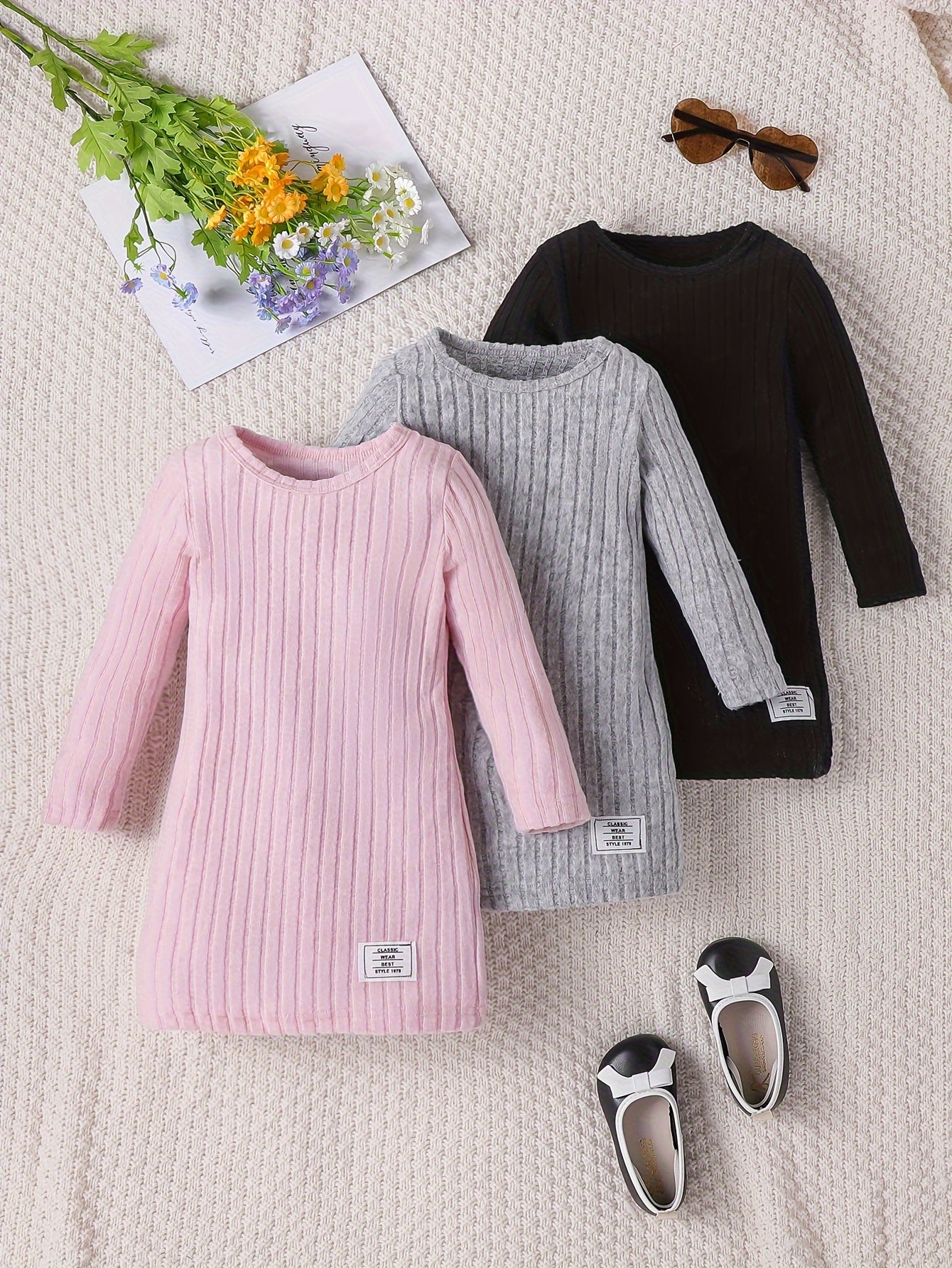 3 Pcs Girls Ribbed Knit Dress Set, Comfy & Elegant, Spring/Fall Dresses - Hiccupzz