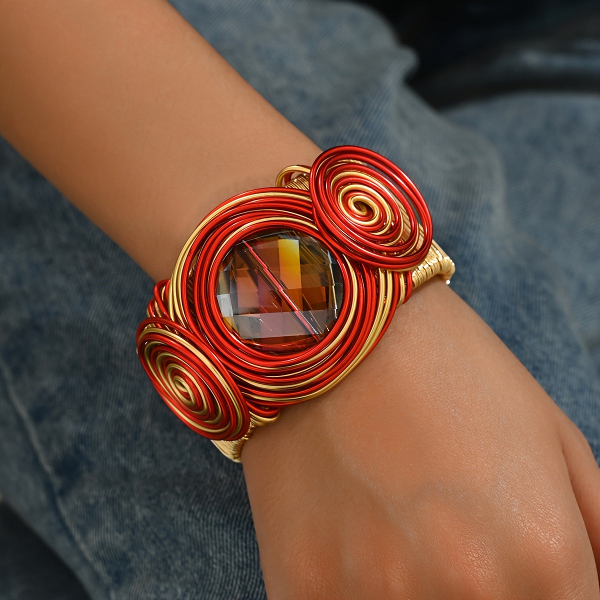 Exquisite Bohemian Style Handmade Open Bangle Bracelet, Round Aluminum Alloy Wire Wrapped, Artificial Crystal Decor - Hiccupzz