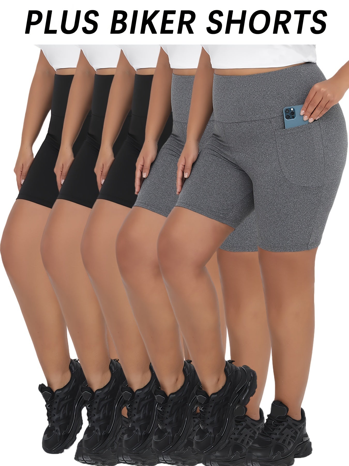 5 Pack Plus Size High Waisted Biker Shorts For Women With Pockets, Super Soft Tummy Control No See Through Workout Running Yoga Athletic Shorts - Hiccupzz