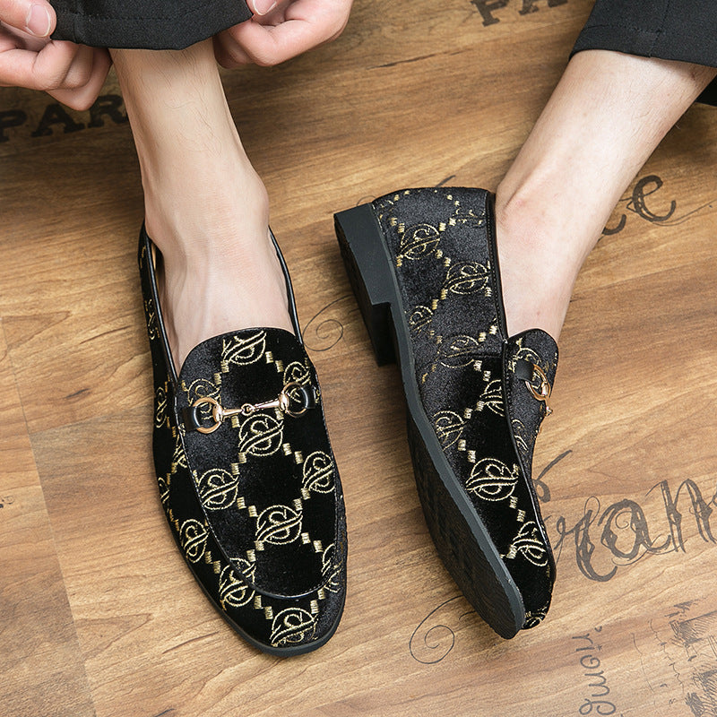 European And American Fashion Embroidered Loafers Men's British Style Plus Size Solid Color Horsebit Buckle Shoes - Hiccupzz