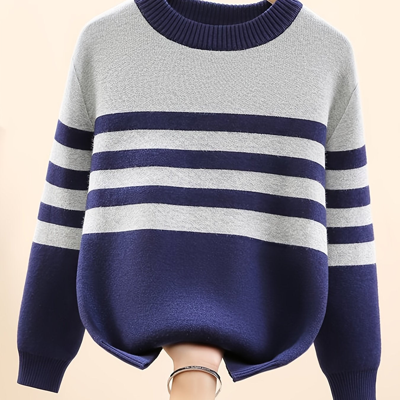 Boys Striped Thick Sweater Round Neck Long Sleeve Stretch Warm Knit Pullover Top Kids Clothes Outdoor - Hiccupzz
