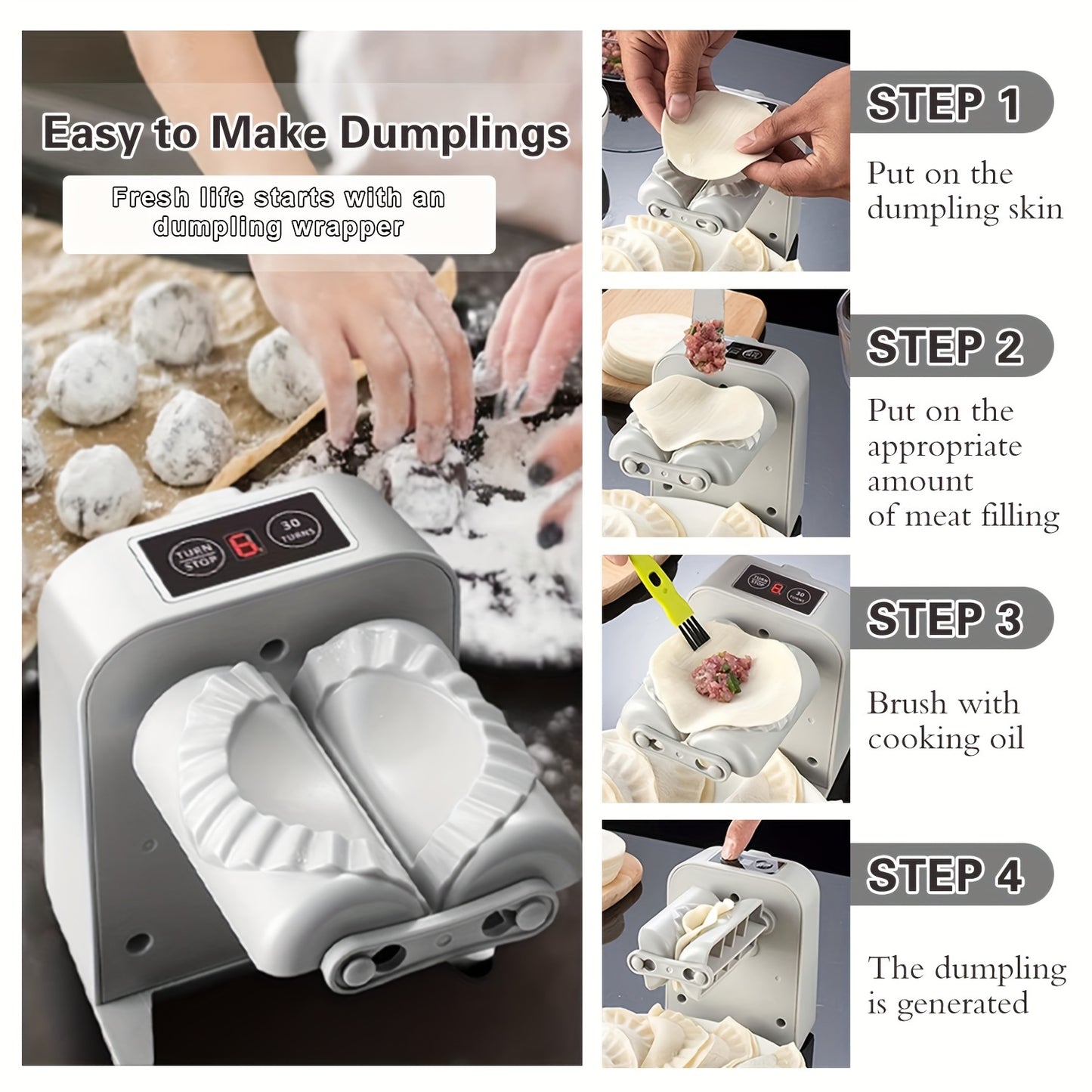 Dumpling Maker Press with Spoon & Brush - 2-Mode Quick Dumpling, Wonton & Chinese Dumpling Forming Tool - Hiccupzz