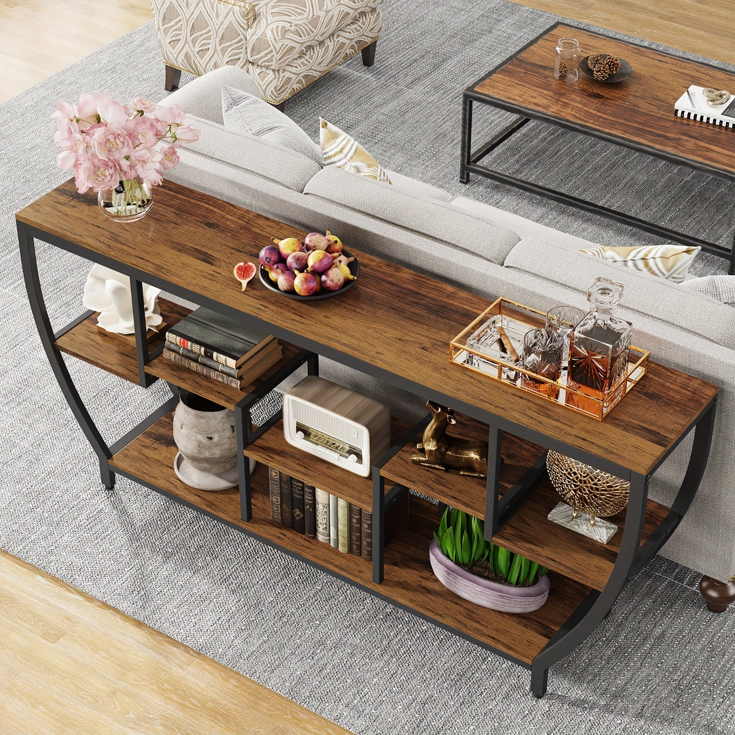 Little Tree Rustic 70.9 Inch Sofa Table with Shelves, Industrial Console Table with Storage, Entryway Table TV Stand