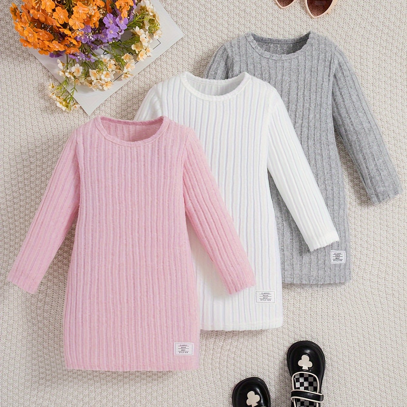 3 Pcs Girls Ribbed Knit Dress Set, Comfy & Elegant, Spring/Fall Dresses - Hiccupzz