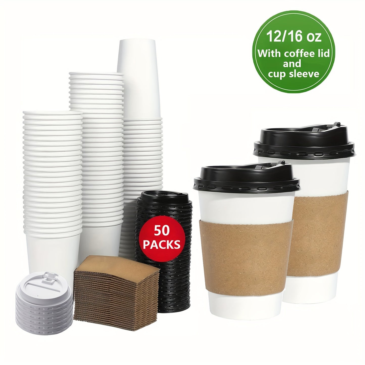 50-Pack Disposable Coffee Cups with Lids & Sleeves - 12/16 oz Eco-Friendly White Paper Cups, Black Lids for Hot Drinks, Tea, or Chocolate - Hiccupzz
