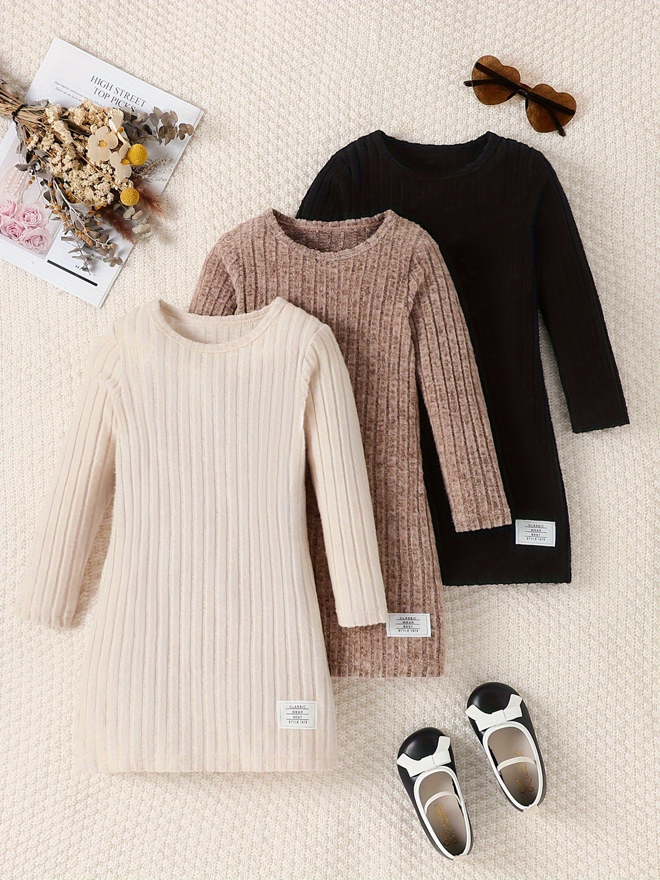3 Pcs Girls Ribbed Knit Dress Set, Comfy & Elegant, Spring/Fall Dresses - Hiccupzz
