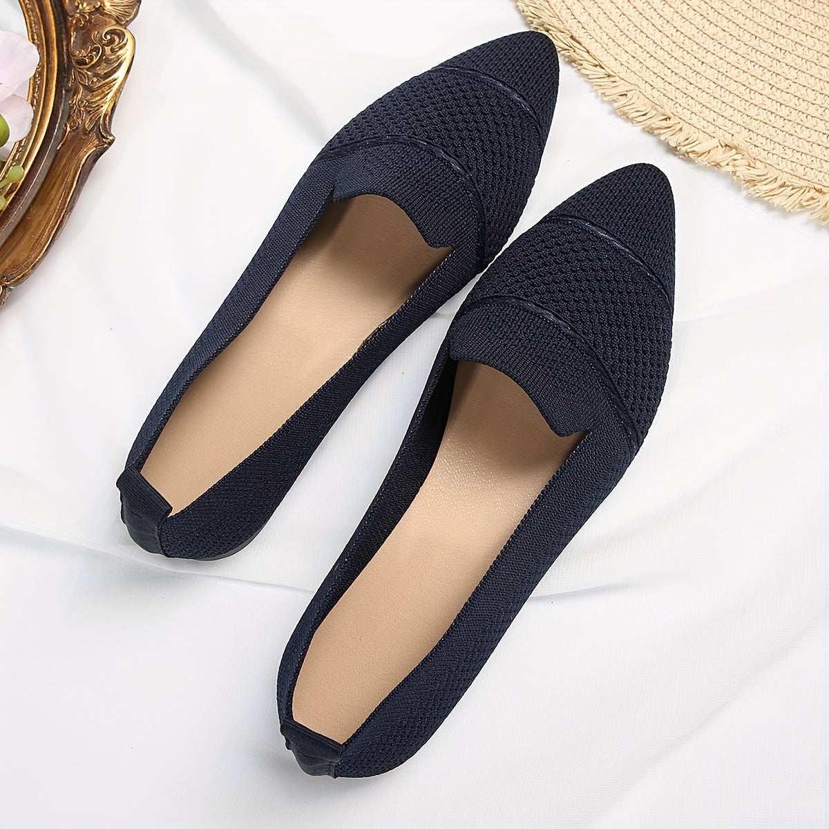 Women's Minimalist Slip-On Knitted Flats, Point Toe, Soft Sole Ballets, Lightweight Comfort - Hiccupzz