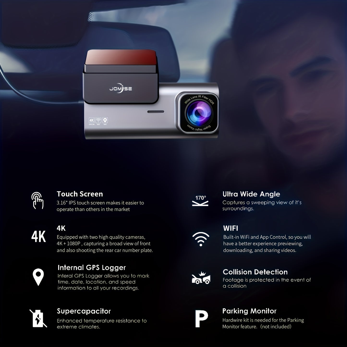 Smart 4K UHD Dual Dash Cam For Cars Touch Screen & APP Control, Front 4K+Rear 1080P, 170° Wide Angle, Super Night Vision, Built-in Wi-Fi GPS, WDR/HDR - Hiccupzz
