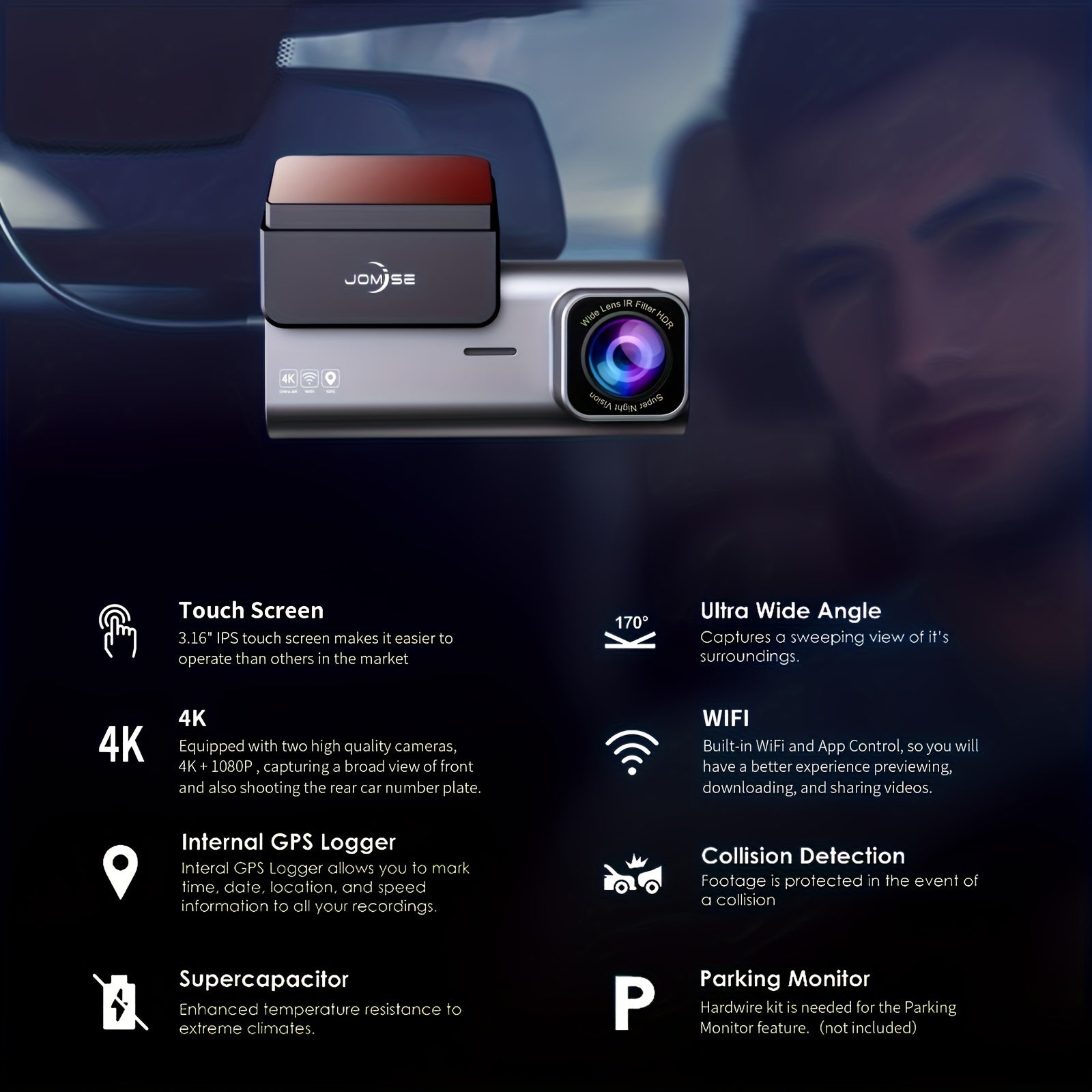 Smart 4K UHD Dual Dash Cam For Cars Touch Screen & APP Control, Front 4K+Rear 1080P, 170° Wide Angle, Super Night Vision, Built-in Wi-Fi GPS, WDR/HDR - Hiccupzz