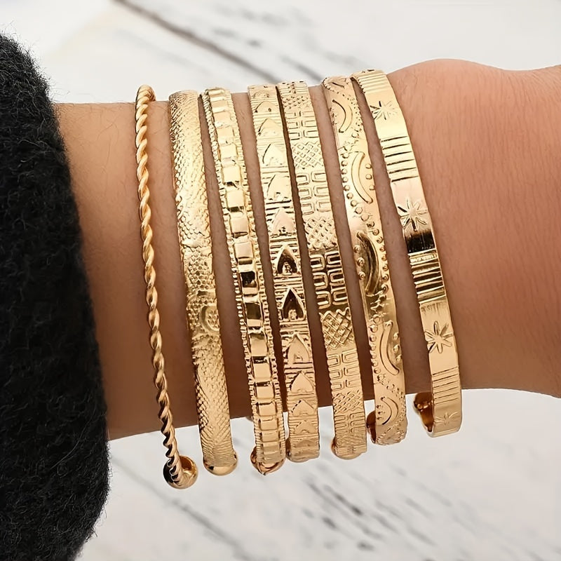 Pieces/Set Retro Ethnic Style Stacking Bracelets with Engraved Textured Openings, Adjustable Iron Bracelet Combinations - Hiccupzz