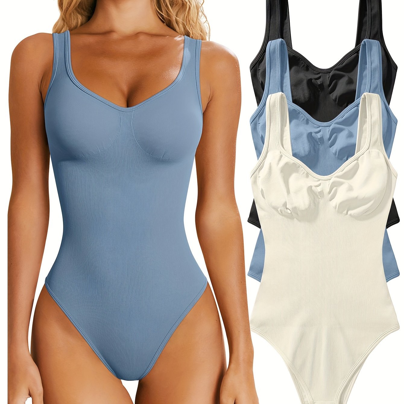 OQQ Women's 3 Piece Bodysuits Sexy Ribbed Sleeveless Shapewear Tank Tops Bodysuits - Hiccupzz