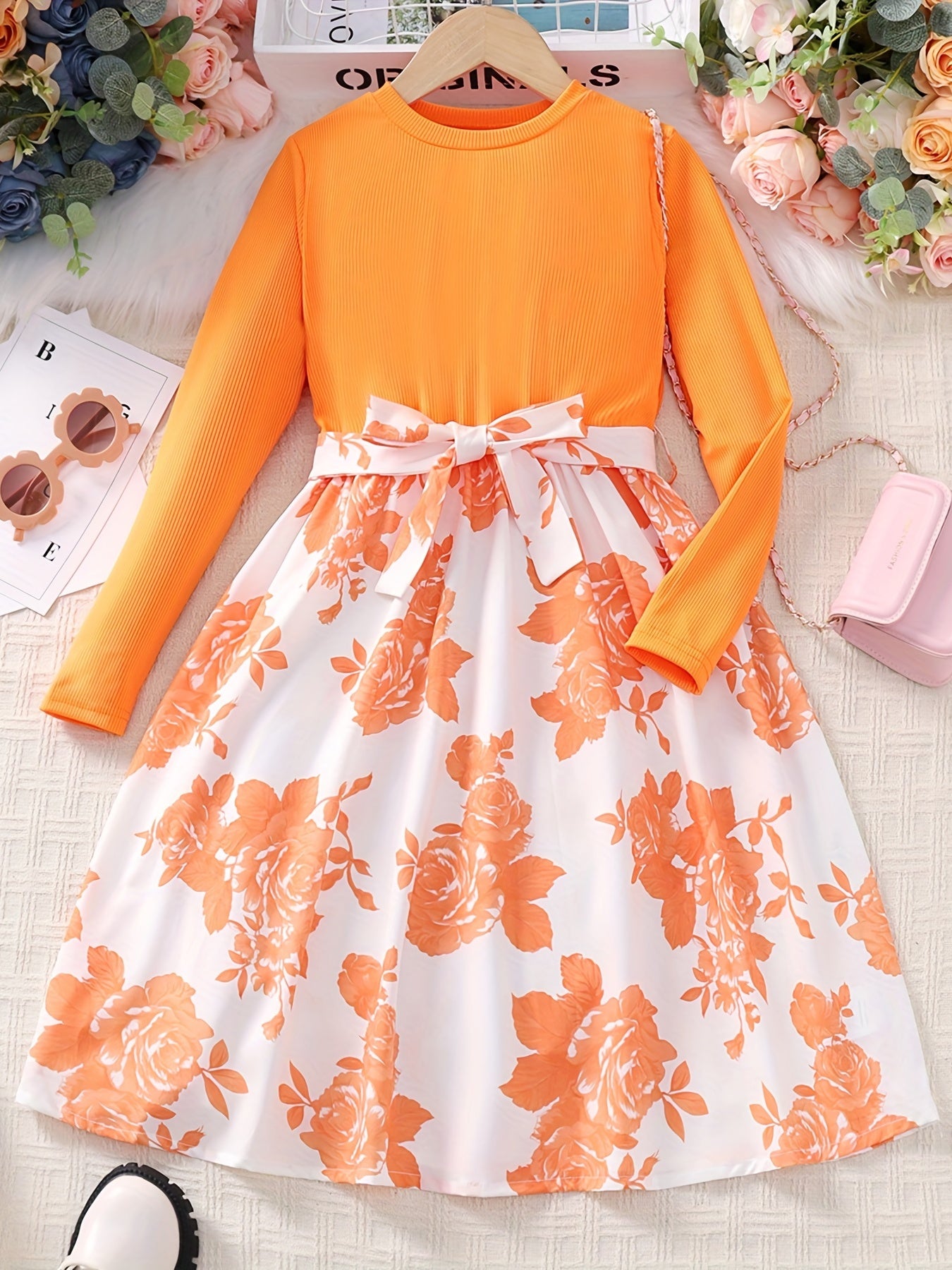 Girls' Floral Spliced Dress, Long Sleeves, Round Neck, Belted, Party Dress - Hiccupzz