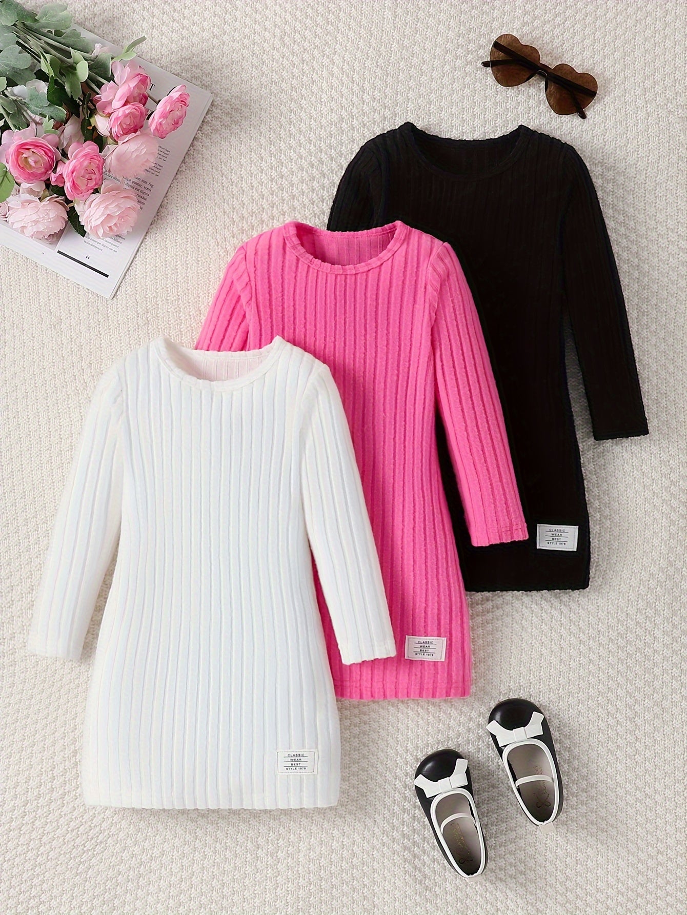 3 Pcs Girls Ribbed Knit Dress Set, Comfy & Elegant, Spring/Fall Dresses - Hiccupzz