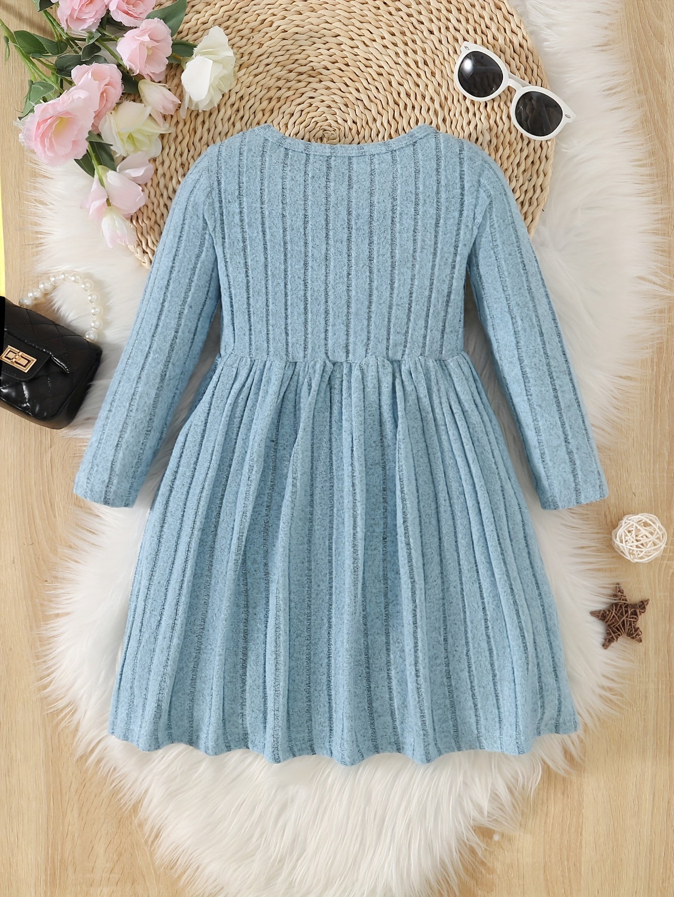 Girls Solid Color Dress, Simple Versatile, Round Neck, Long Sleeve - Hiccupzz