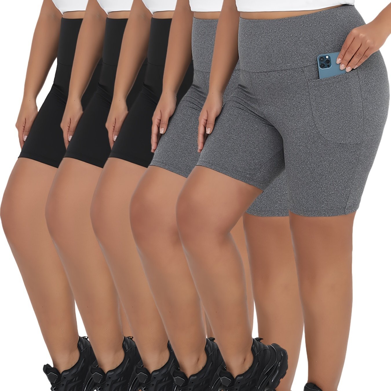 5 Pack Plus Size High Waisted Biker Shorts For Women With Pockets, Super Soft Tummy Control No See Through Workout Running Yoga Athletic Shorts - Hiccupzz