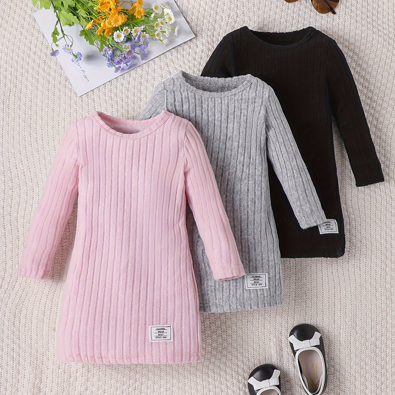 3 Pcs Girls Ribbed Knit Dress Set, Comfy & Elegant, Spring/Fall Dresses - Hiccupzz