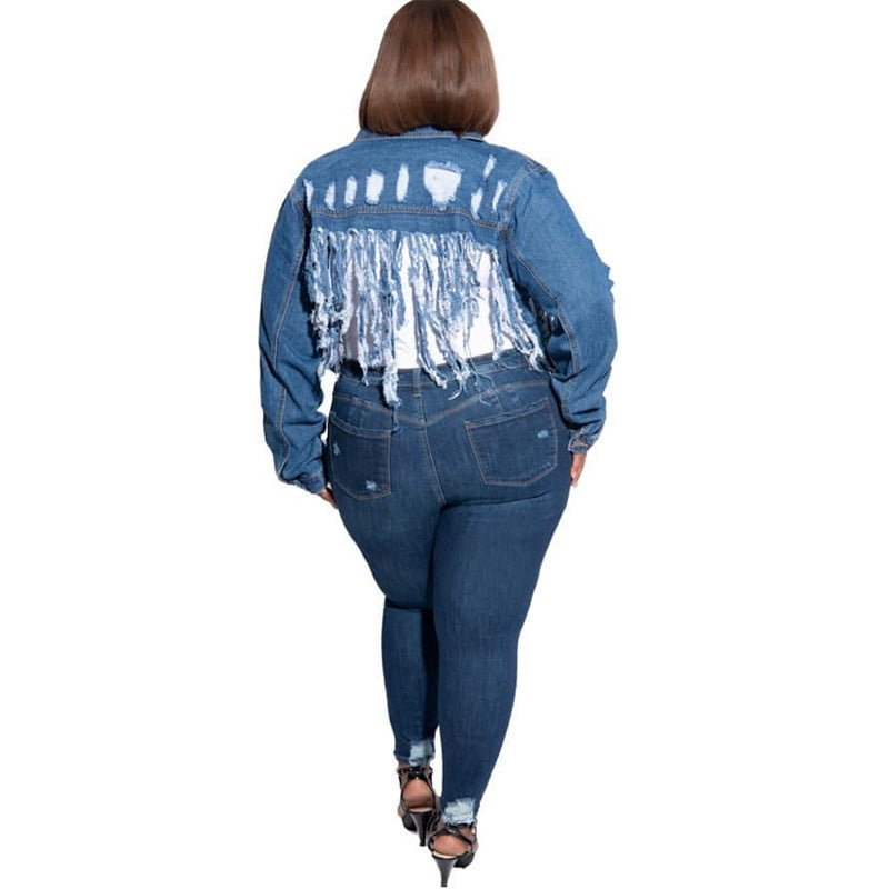 Denim Washed Tassel Ripped Long Sleeves Short Coat - Hiccupzz