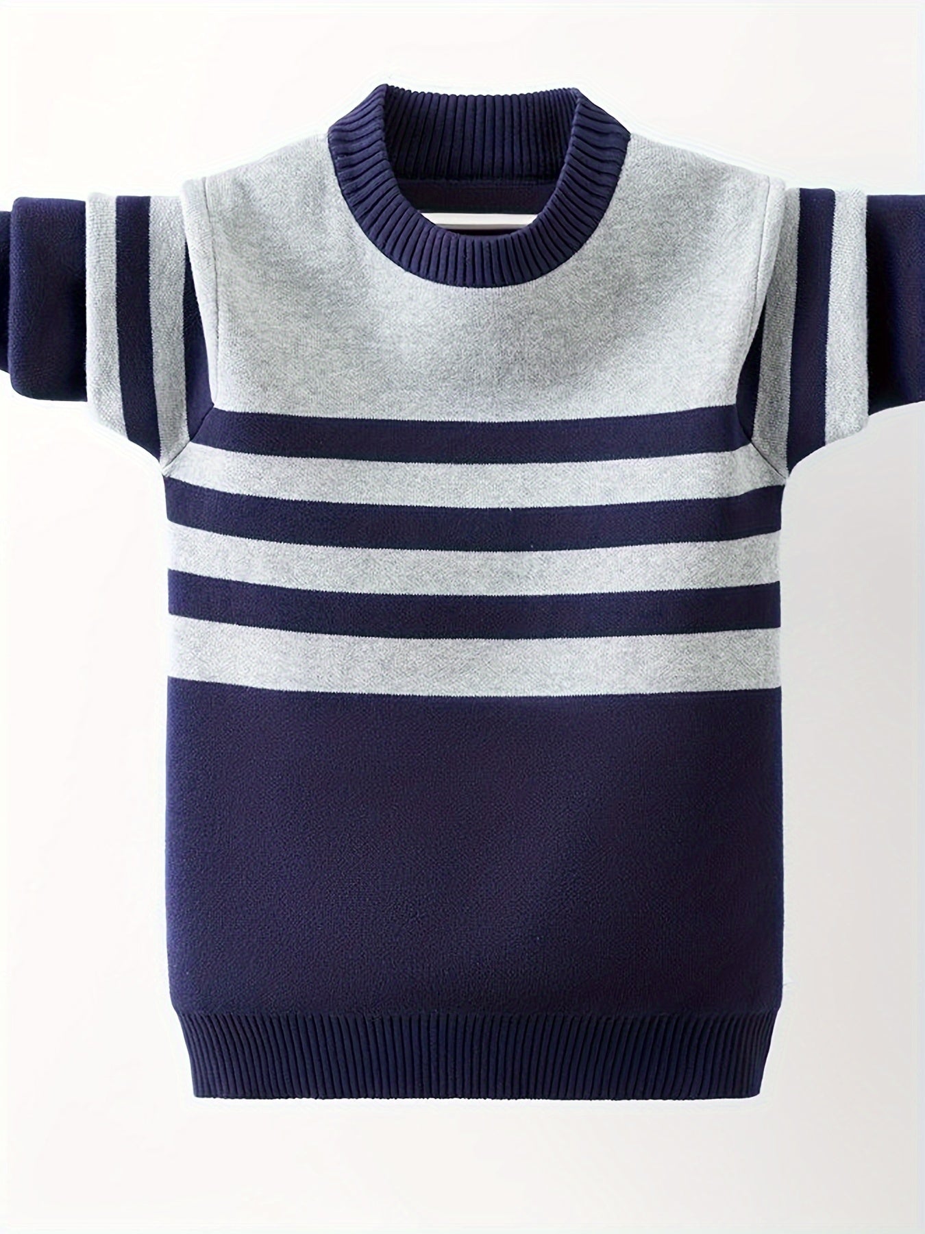 Boys Striped Thick Sweater Round Neck Long Sleeve Stretch Warm Knit Pullover Top Kids Clothes Outdoor - Hiccupzz