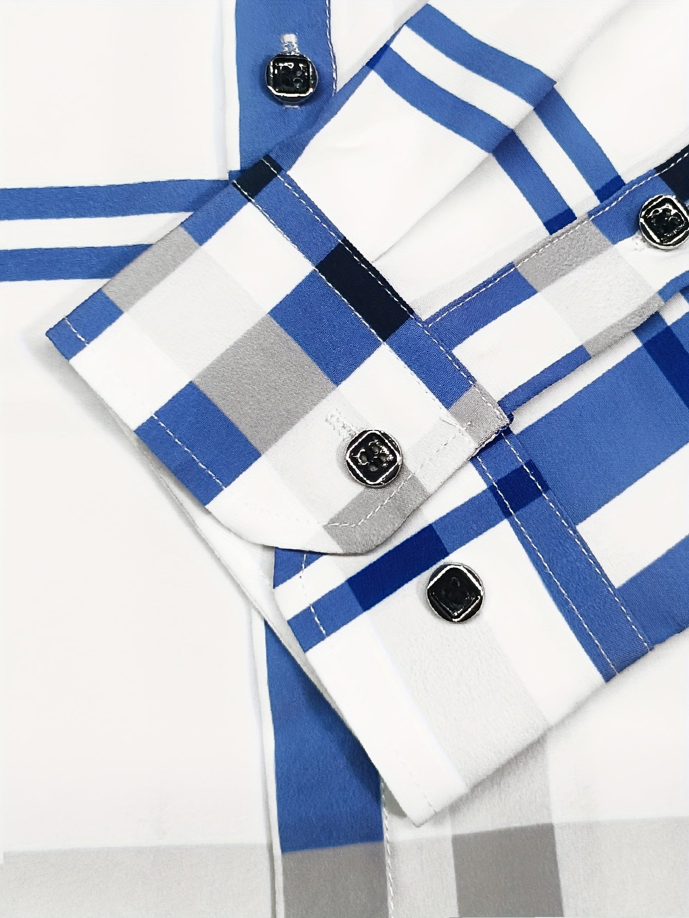 Slim Fit Plaid Button-Down Shirt with Hexagon Buttons and Silver Edging, Men's Preppy Casual Style - Hiccupzz