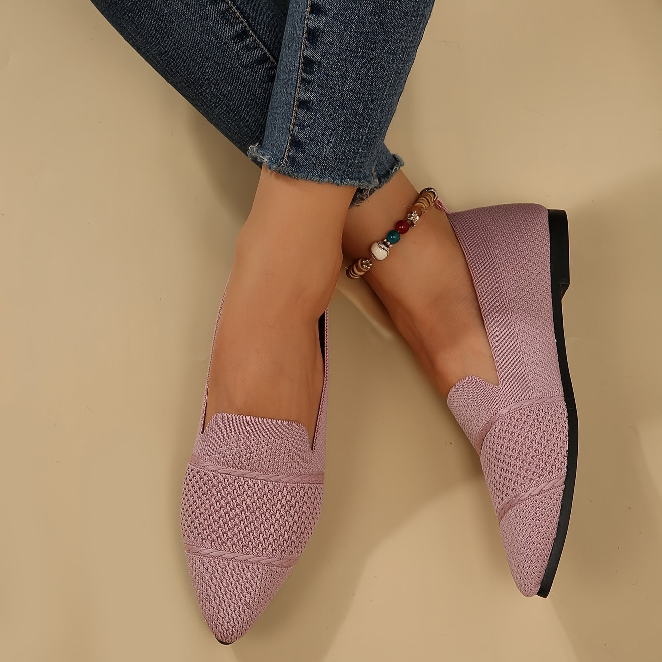 Women's Minimalist Slip-On Knitted Flats, Point Toe, Soft Sole Ballets, Lightweight Comfort - Hiccupzz