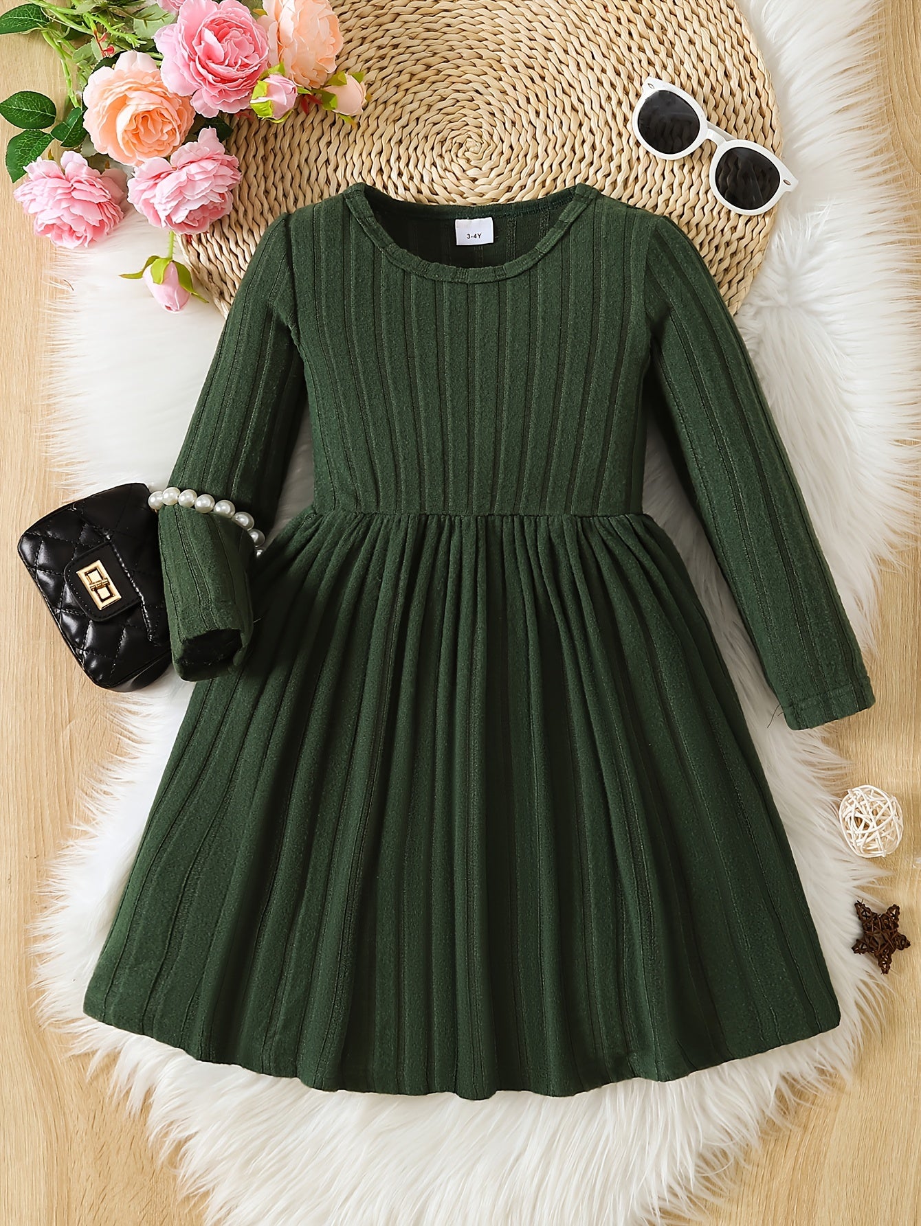 Girls Solid Color Dress, Simple Versatile, Round Neck, Long Sleeve - Hiccupzz
