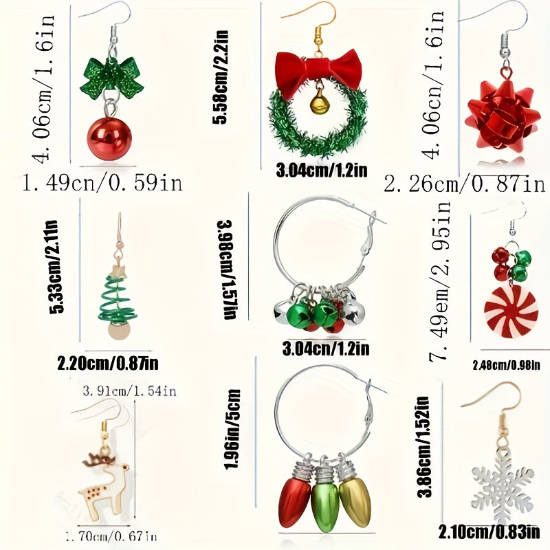 9-Piece Set of Bow and Christmas Earrings - Alloy Christmas Tree, Santa Claus, Bell Earrings for Parties, Holidays, and Daily Wear