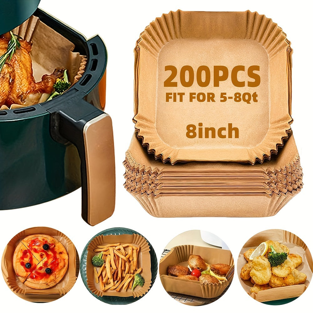 Disposable Air Fryer Paper Liners, 200Pcs Parchment Paper, Air Fryer Disposable Paper Liner for Microwave, Non-Stick Air Fryer Liners Square Free of Bleach (8inch) - Hiccupzz