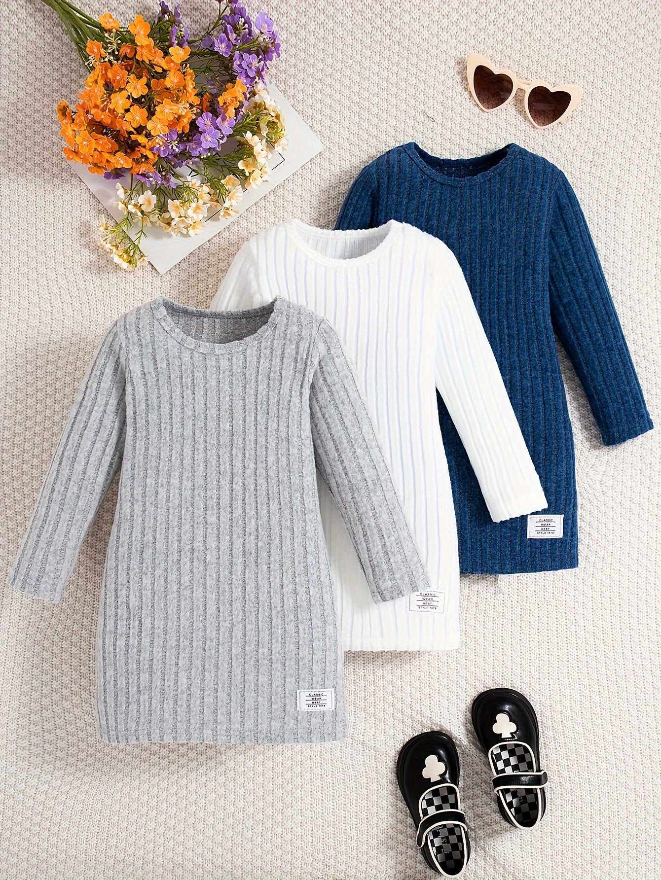 3 Pcs Girls Ribbed Knit Dress Set, Comfy & Elegant, Spring/Fall Dresses - Hiccupzz