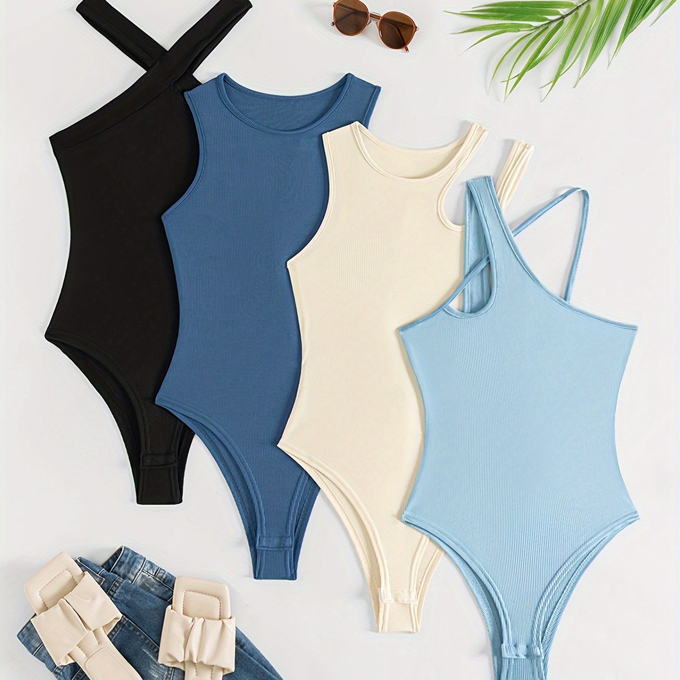 4 pack Trendy Asymmetrical Shoulder Bodysuits for Women - Comfortable and Stylish Solid Bodysuits - Hiccupzz