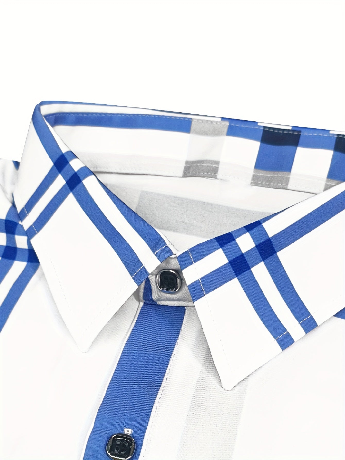 Slim Fit Plaid Button-Down Shirt with Hexagon Buttons and Silver Edging, Men's Preppy Casual Style - Hiccupzz