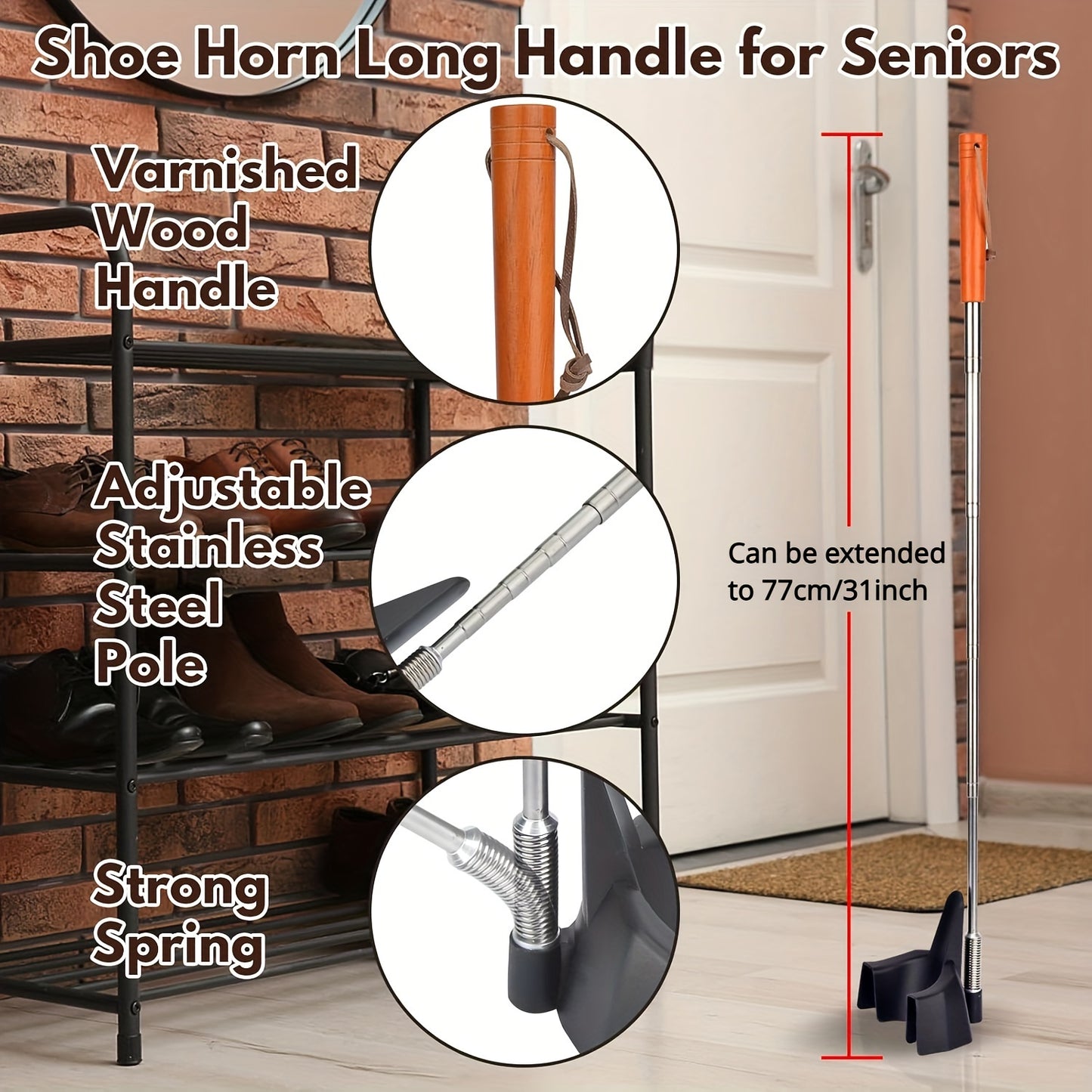 Easy-Reach 31" Stainless Steel Shoe Horn for Seniors - No Bending Required, Ideal for Sneakers & Boots