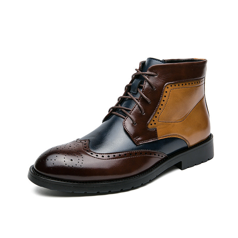 Men's High-top Leather Shoes Tide Contrast Color Casual - Hiccupzz
