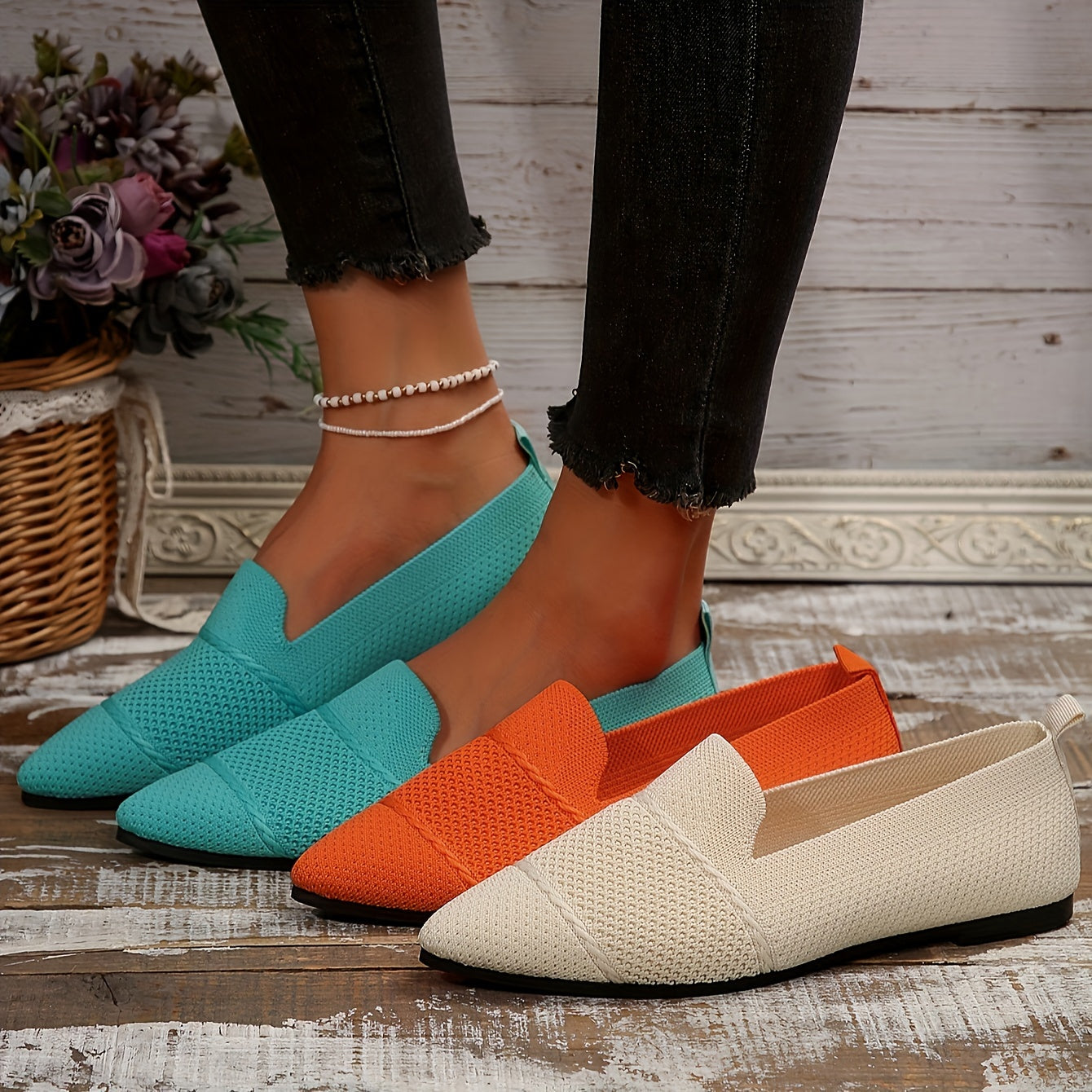 Women's Minimalist Slip-On Knitted Flats, Point Toe, Soft Sole Ballets, Lightweight Comfort - Hiccupzz