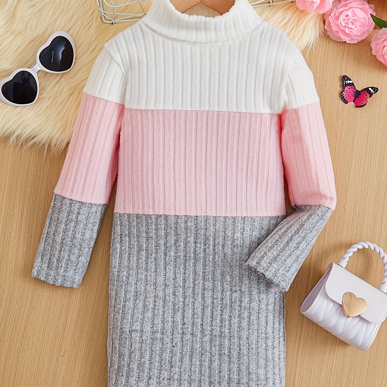 Girls Splicing Ribbed Knit Turtleneck Dress Kids Clothes Party Gift 3-8Y - Hiccupzz